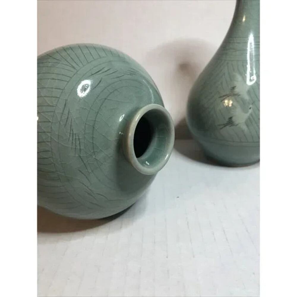 Pair Celadon Vase set Crane Crackle Glaze Decorate Green Pottery Asian Style - Picture 7 of 8